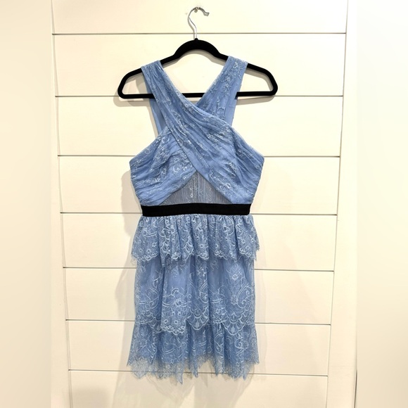 Self Portait Blue Cross Front Fine Lace Mini Dress - Picture 4 of 11